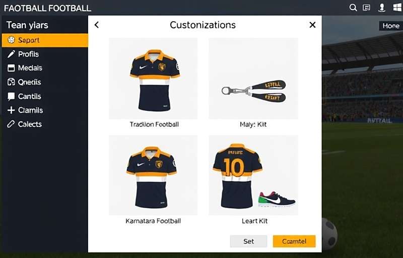 Karnataka Football Stars Customization Options Karnataka Football Stars customization screen showing various traditional football kits and equipment inspired by Karnataka culture