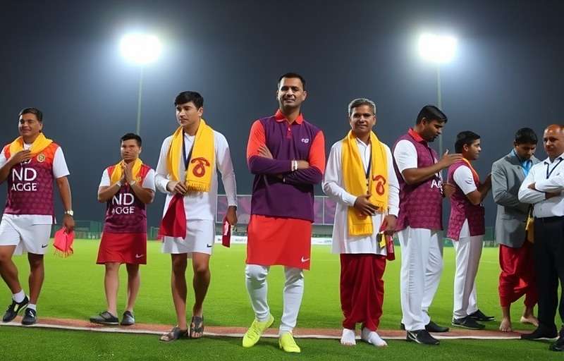 Karnataka Football Stars Dasara Event Karnataka Football Stars Dasara special event showing stadium decorated with lights and players in traditional Mysore attire