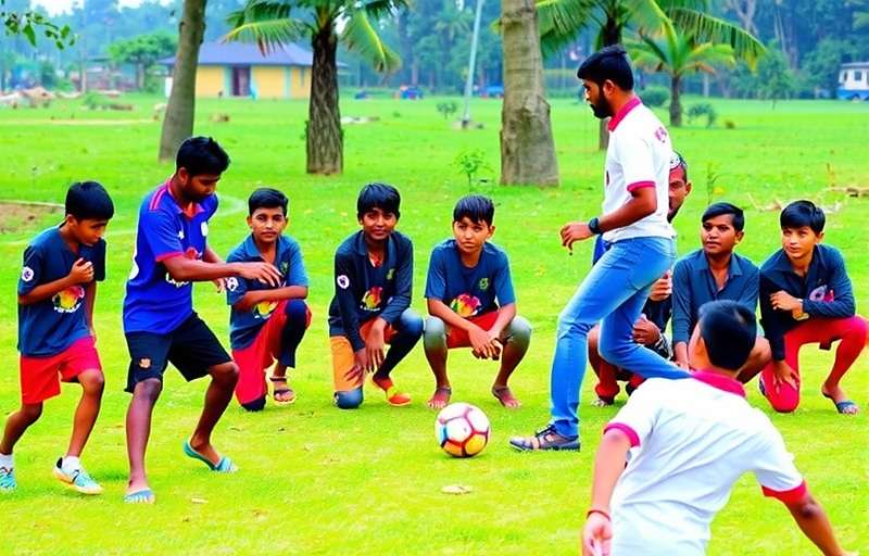 Karnataka Football Stars Rural Outreach Karnataka Football Stars community initiative showing players teaching children in rural Karnataka to play the game